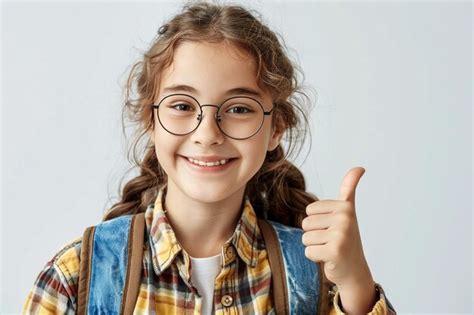 Premium Photo A Girl Wearing A Plaid Shirt And Glasses Gives A Thumbs