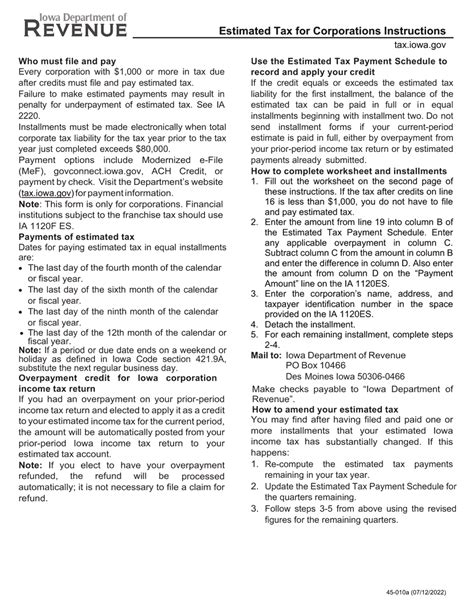Form Ia1120 45 010 Download Fillable Pdf Or Fill Online Estimated Tax