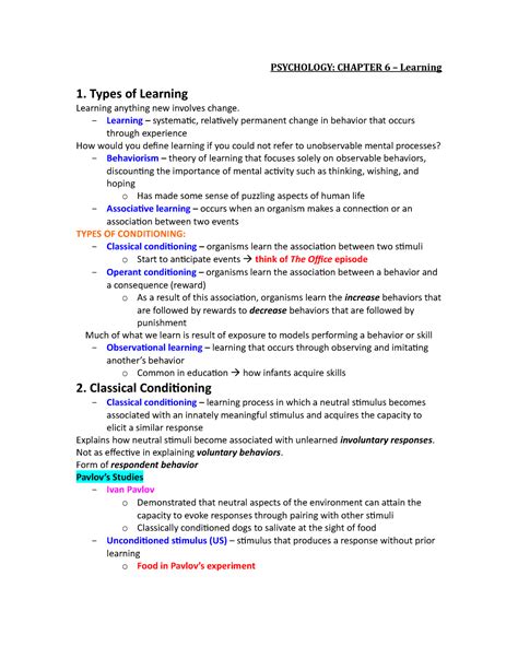 Chapter 6 Notes Learning PSYCHOLOGY CHAPTER 6 Learning 1 Types