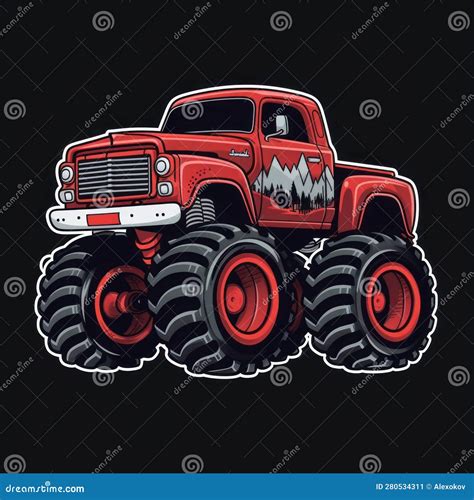 Red Monster Truck Sticker Graphic With White Border Outline And Black