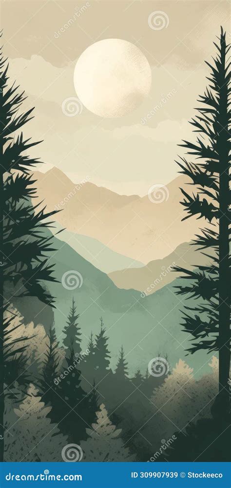 Boho Art Evergreen Forest Minimalist Mountain Landscape Stock