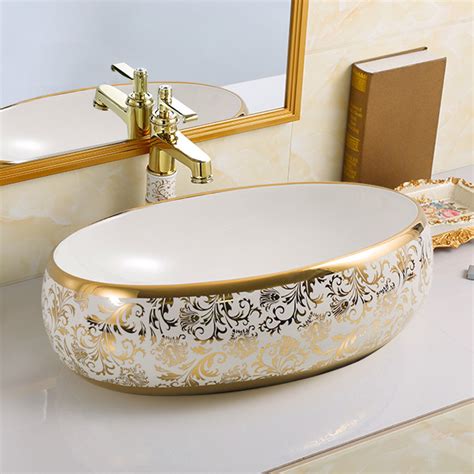 Luxury Saudi Arabia Electroplated Gold Oval Wash Basin Solid Surface