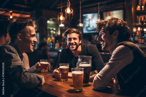 Guys night out. Lifestyle candid photo of men hanging out in a bar drinking beer, smiling ...