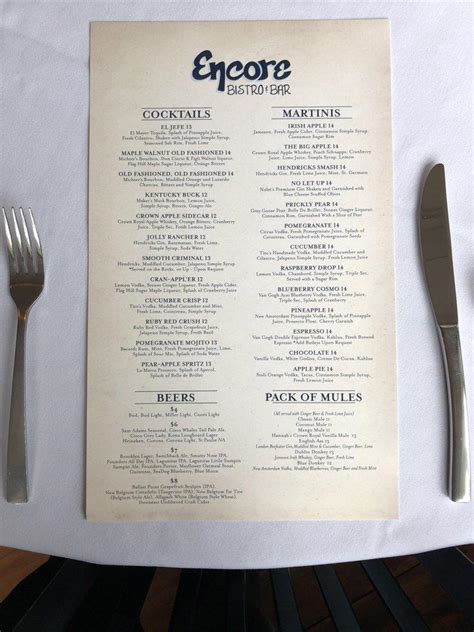 Menu At Encore Bistro And Bar Dennis