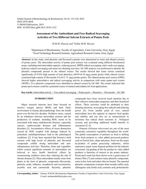 Pdf Assessment Of The Antioxidant And Free Radical Scavenging