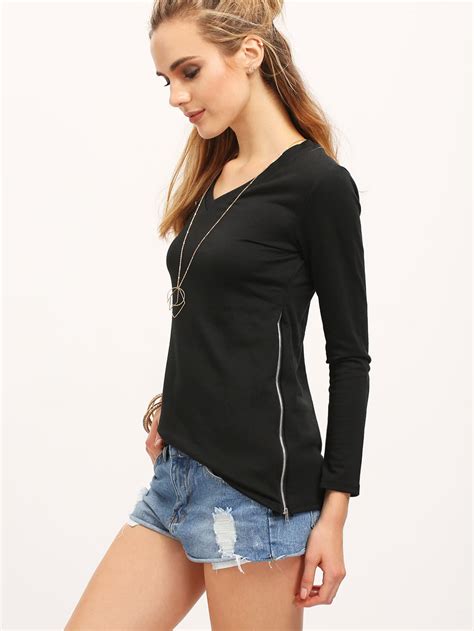 Black Side Zipper Long Sleeve T Shirt Sheinsheinside