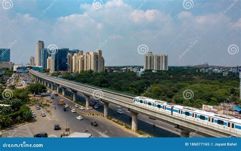 Gurgaon, India, 2020. Aerial Shot of Rapid Metro Tracks in Urban Areas ...