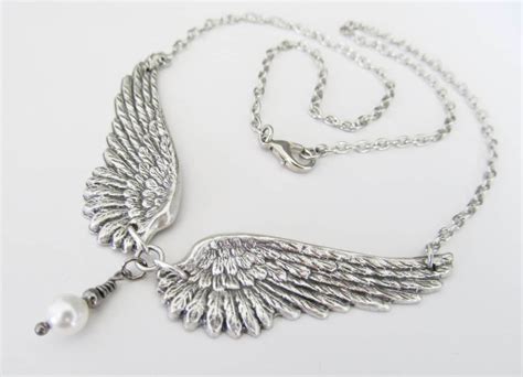 Angel Wing Necklace Swarovski Pearl Silver Angel by JasGlassArt