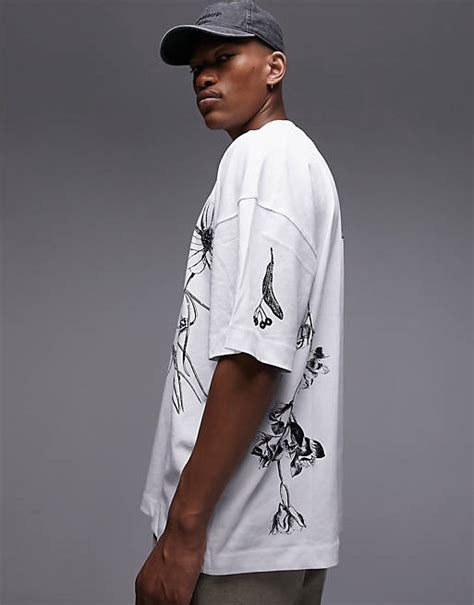 Topman Premium Extreme Oversized Fit T Shirt With Front And Back Mono Floral Embroidery In White