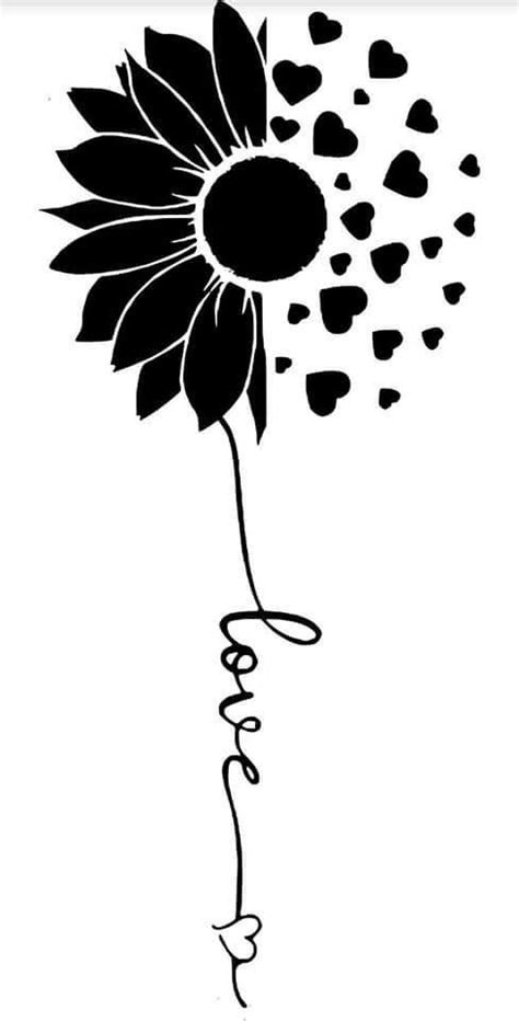 A Black And White Drawing Of A Sunflower With Hearts Coming Out Of The