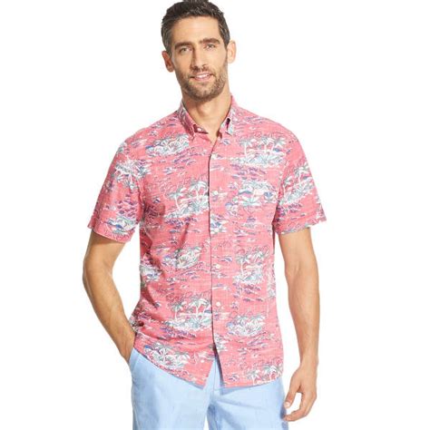 Izod Mens Saltwater Dockside Chambray Tropical Short Sleeve Button Down Shirt Bobs Stores