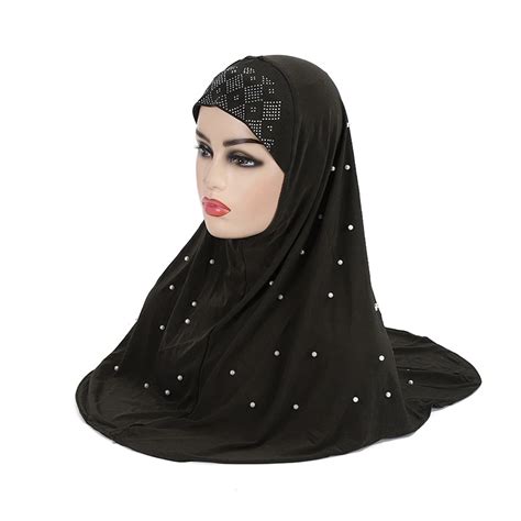 Fashion Malaysia Khimar Pearls Crystal Shinny Caps Muslim Women Hijab