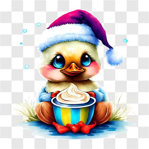 Baixe Pato de desenho animado festivo chapéu de Papai Noel e café