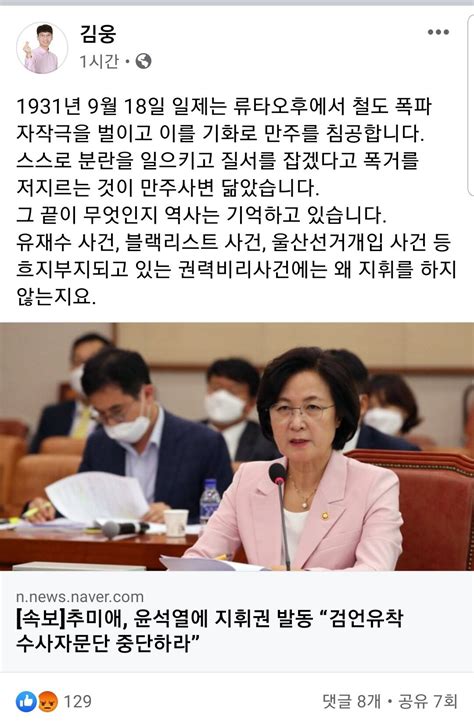 김웅 추미애 왜 청와대 권력비리사건은 지휘권 발동 안 하나 정치시사 에펨코리아