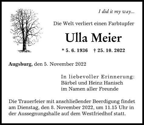 Traueranzeigen Von Ulla Meier Allg Uer Zeitung