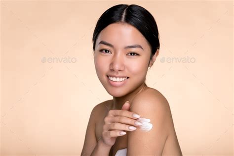 Skin Body Care Concept Beautiful Asian Woman Gently Applying Body