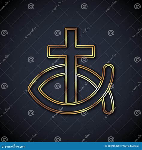 Gold Line Christian Fish Symbol Icon Isolated on Black Background ...