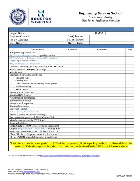 City Of Houston Texas Storm Water Quality New Permit Application Check List Fill Out Sign