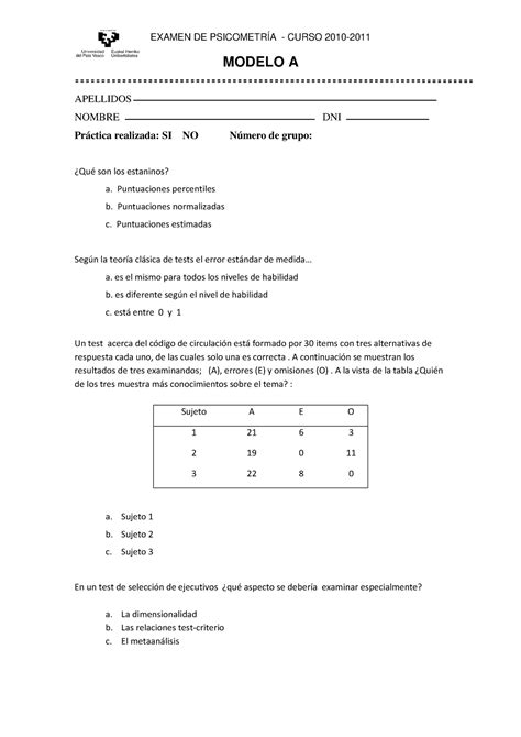 Examen 2010 11 Modelo A Apellidos Nombre Dni Práctica Realizada Si