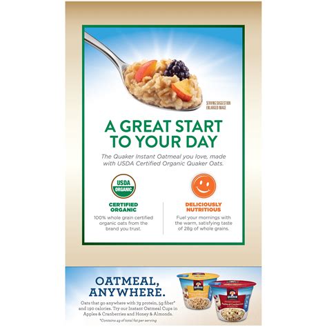 Quaker Organic Instant Oatmeal Low Sodium And Fat Whole Grain Original 8 Packets