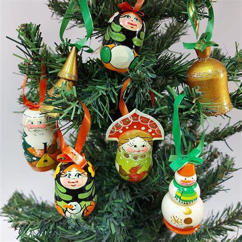 Russian Wooden Christmas Tree Ornaments Set Of 7 Handmade Etsy