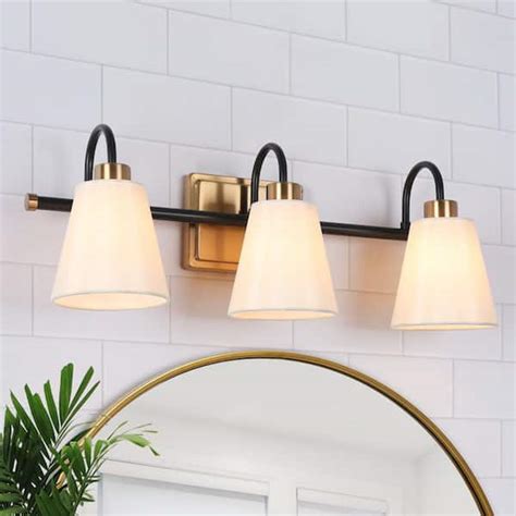 Lnc Modern Classic 3 Light Matte Black And Plating Brass Vanity Light With White Cone Fabric