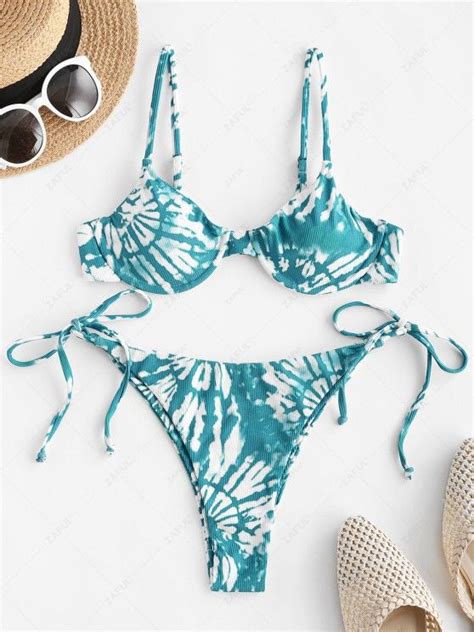 Off Zaful Ribbed Tie Dye String Bikini Swimwear In Blue Zaful