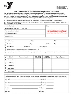 Fillable Online Ymca Of Central Massachusetts Employment Application