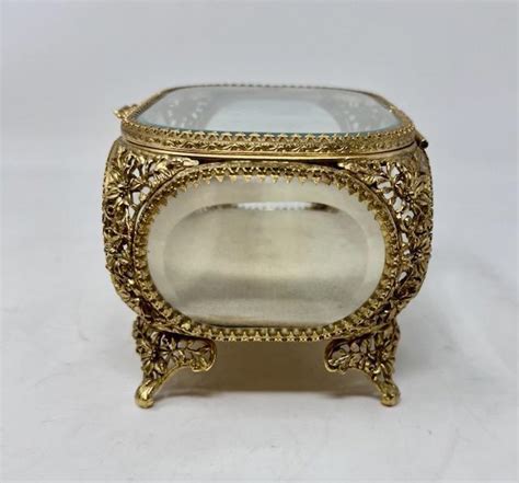 Antique Filigree Ormolu Jewelry Box Casket With Beveled Glass Art Nouveau Ebay