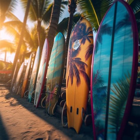 Premium Ai Image A Row Of Surfboards With A Palm Tree On The Bottom