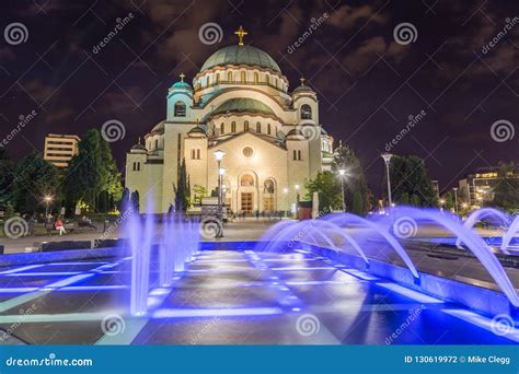 Church of Saint Sava at Night with Colourful Fountains Stock Photo ...