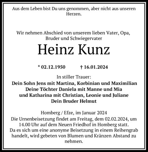 Traueranzeigen Von Heinz Kunz Trauer Hna De