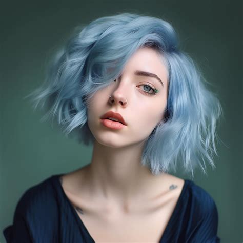 Eine Frau Mit Blauen Haaren Und Einem Blauen Hemd Mit Einer T Towierung