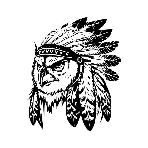 A Majestic Owl Wearing An Indian Chief Headdress Hand Drawn In