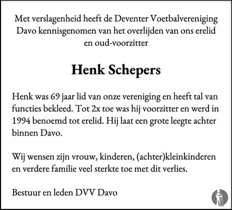 Henk Schepers Overlijdensbericht En Condoleances Mensenlinq Nl