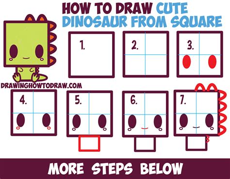 How To Draw Cute Kawaii Cartoon Baby Dinosaur From Squares With