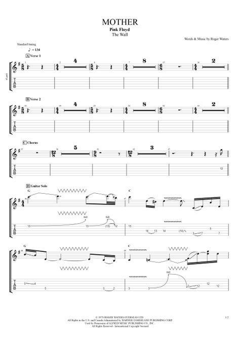 Tablature Mother De Pink Floyd Guitar Pro Guitares Et Piste D