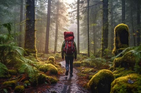 Una Persona Caminando En Un Bosque Con Una Mochila Al Hombro Foto