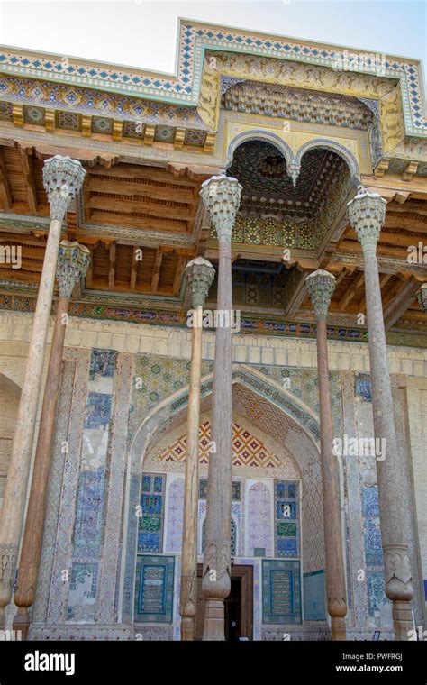 Ornate Exterior At The Bolo Hauz Mosque In Bukhara Uzbekistan Stock