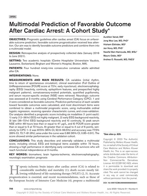 Pdf Multimodal Prediction Of Favorable Outcome After Cardiac Arrest