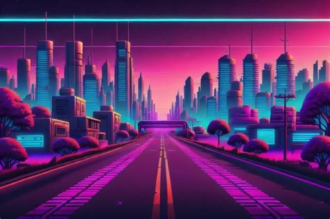 Fondo De Pantalla De La Ciudad Synthwave Con Ai Generativo Foto Premium