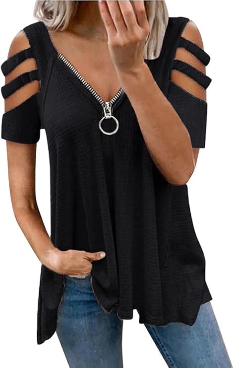 Winkeey Womens Cut Out Shoulder Top Cold Shoulder T Shirts V Neck Zip