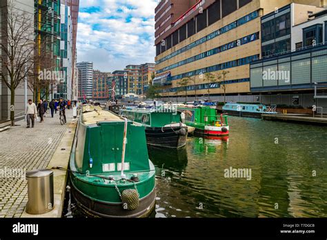 Narrow Boats on The Grand Union Canal,at Paddington Basin London Stock ...