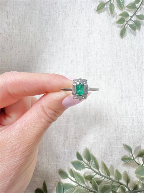 Vintage 18ct White Gold 1940’s Emerald Cut, Emerald and Diamond Cluster ...