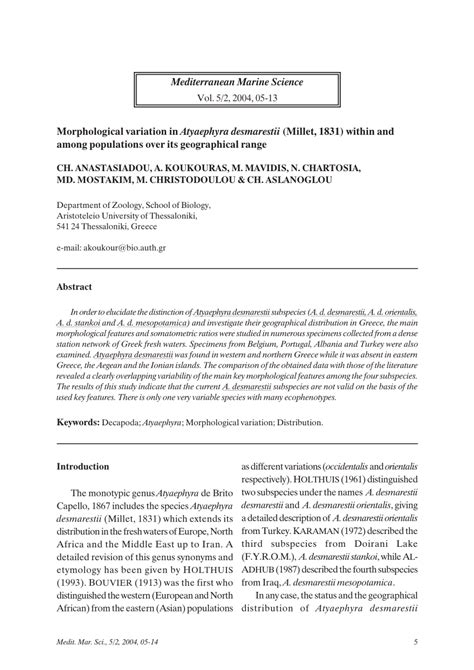 Pdf Morphological Variation In Atyaephyra Desmarestii Millet