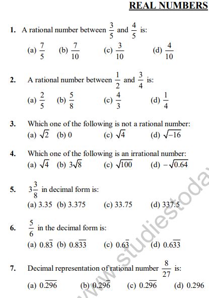 Cbse Class 10 Real Numbers Chapter Mcq