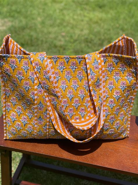 Quilted Handmade Kantha Block Print Tote Bag Shopping Bag Beach Bag