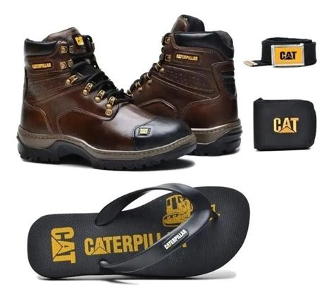 Kit Bota Caterpillar Adventure Couro Carteira Cinto Chinelo