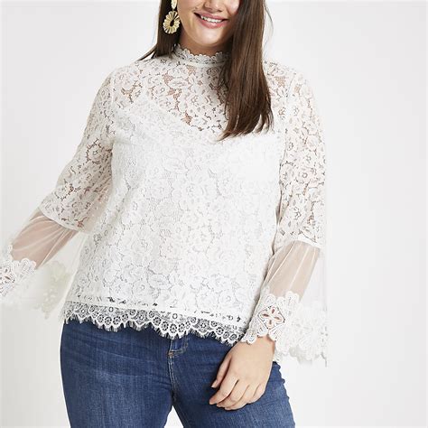 Plus White Lace Long Sleeve Blouse River Island