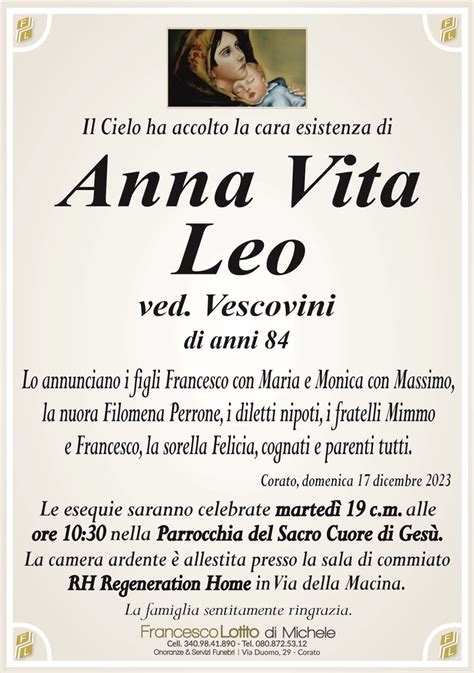 Anna Vita Leo Ved Vescovini Corato Necrologi Web